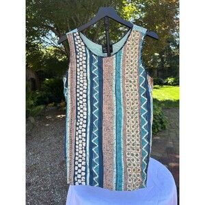 Koos of Course 100% Silk Sleeveless Top Medium Blouse Tank Blue/Tan/ Green